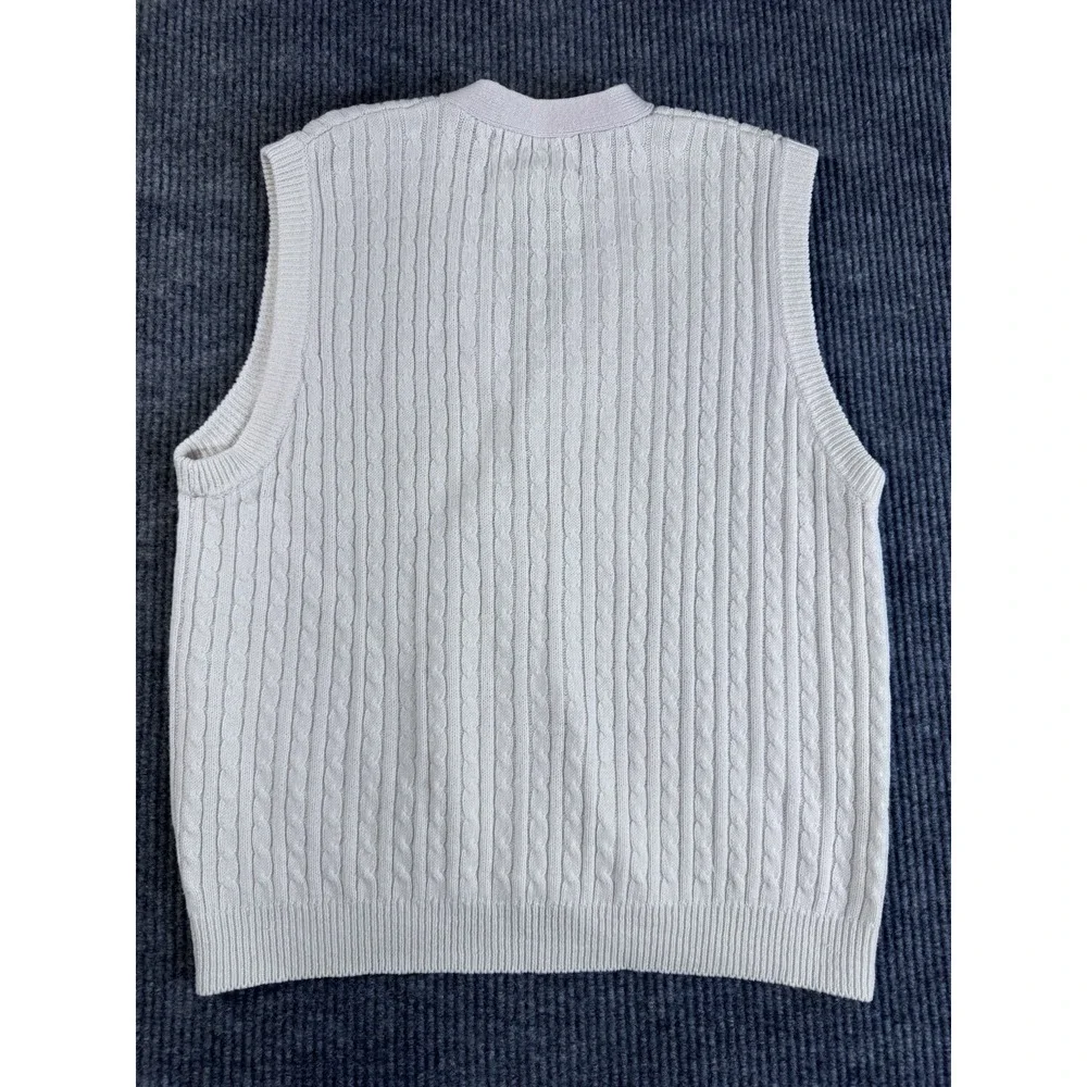 Vintage Ivy Crew White Cable-Knit Ramie Cotton Sweater Vest Button V-Neck Size L